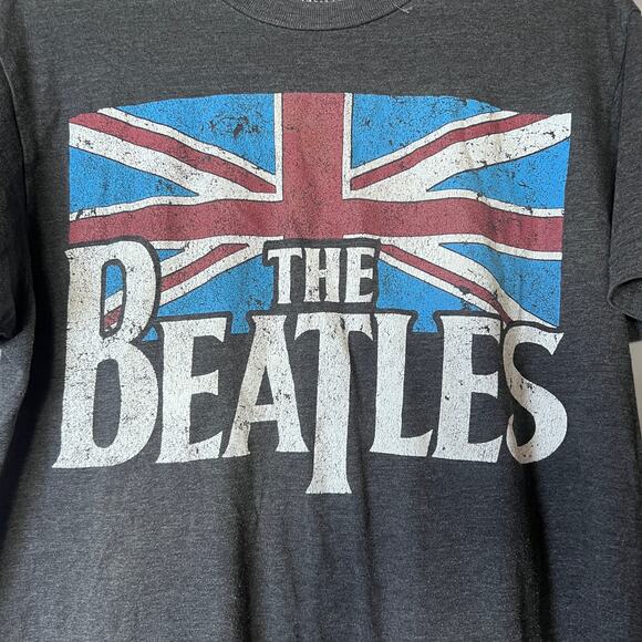 THE BEATLES Band T-Shirt Men’s M Gray Union Jack UK Flag Graphic Rock Tee - Picture 2 of 4